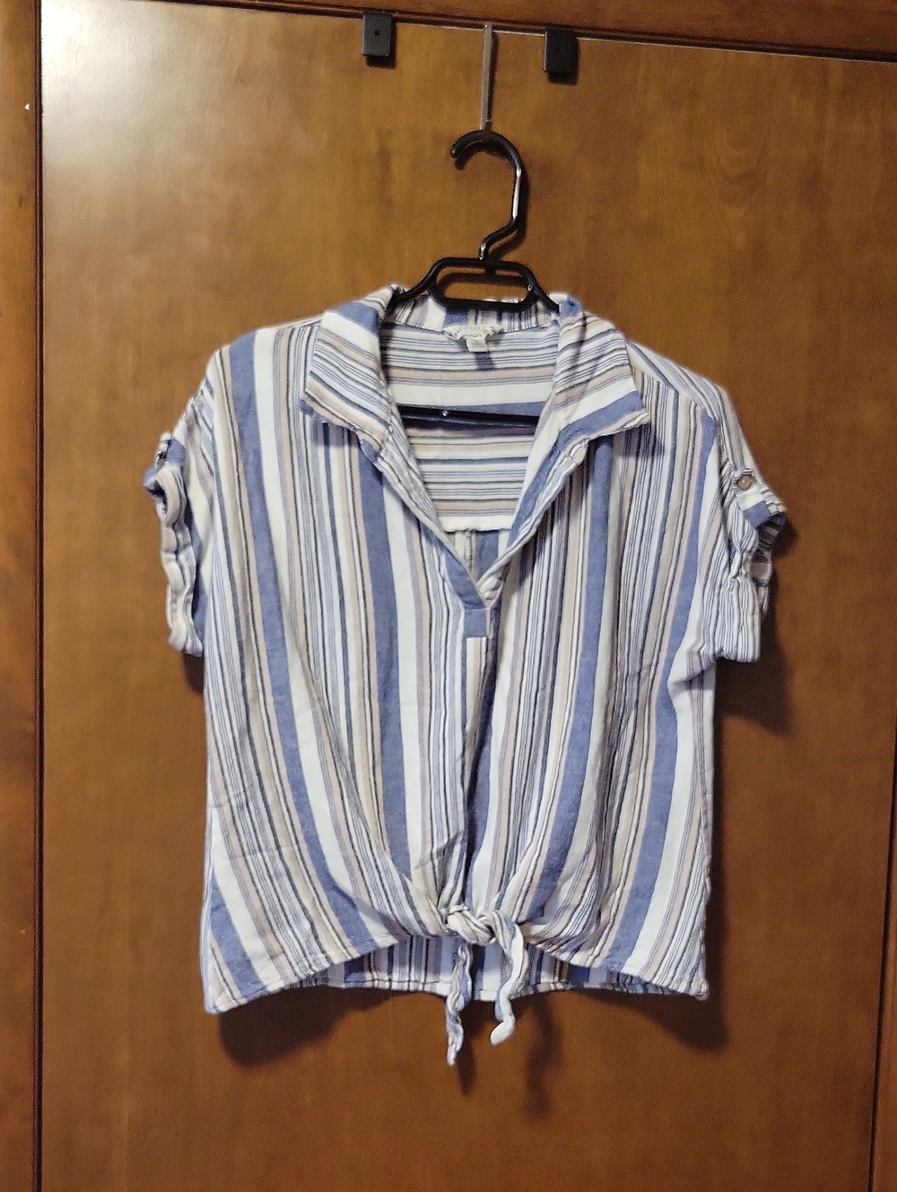 Corvia Blue White Striped Short Sleeve Tie Shirt L